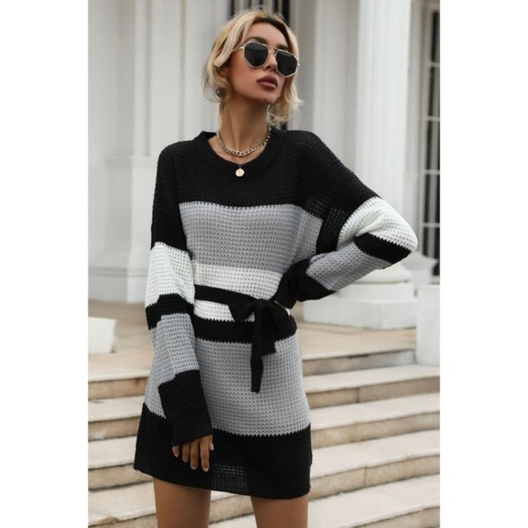 Color Block Belted Round Neck Sweater Dress - Picture 5 of 5